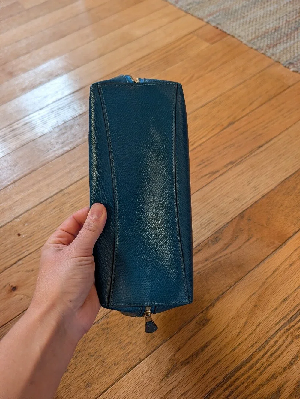 Coach Cosmetics Make-up Bag Clutch Teal Blue Textured Leather Hide Travel Case